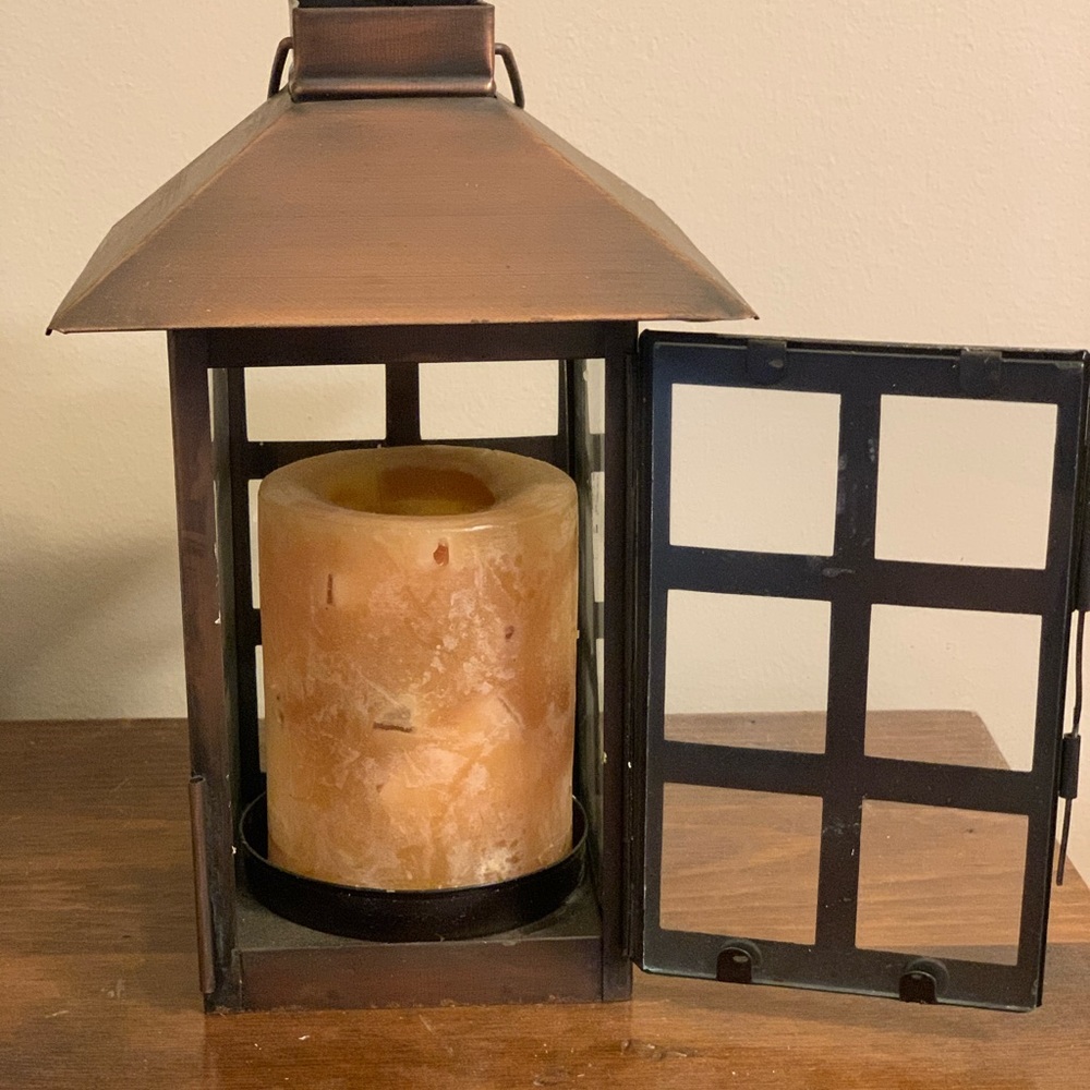 Copper-colored candle lantern